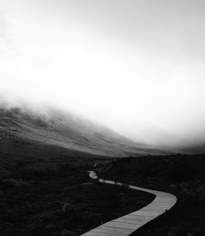 A winding path through a misty, mountainous landscape.